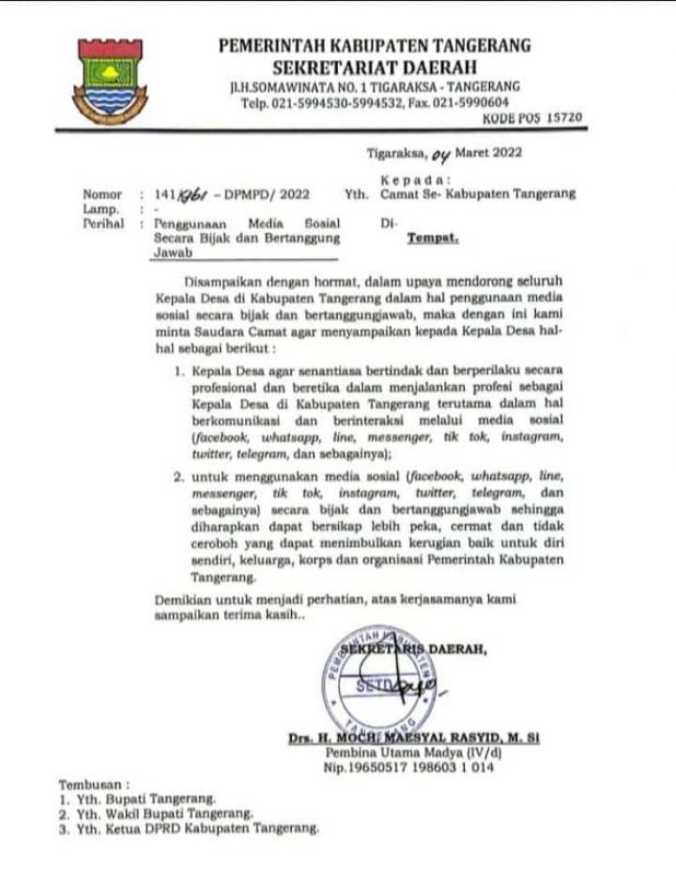 Sekda mengeluarkan intruksi pada ASN-PNS Tingkat Pemkab Tangerang, hati-hati mengunakan Medsos